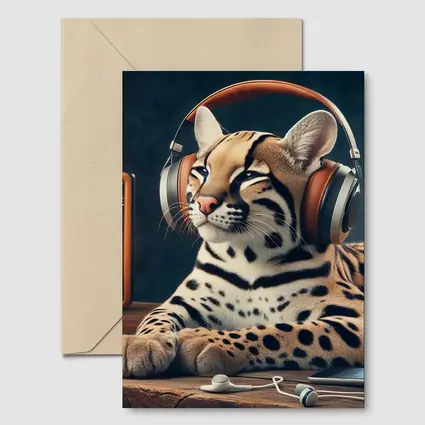 Ocelot With Headphones Listening To Radio