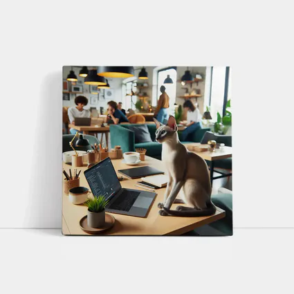 Siamese Cat Sitting at Cafe Workspace