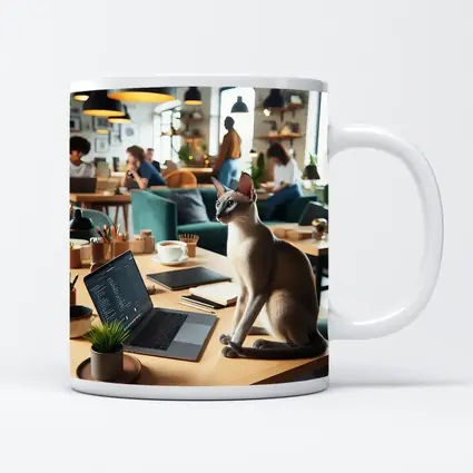 Siamese Cat Sitting at Cafe Workspace