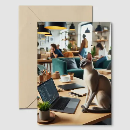 Siamese Cat Sitting at Cafe Workspace