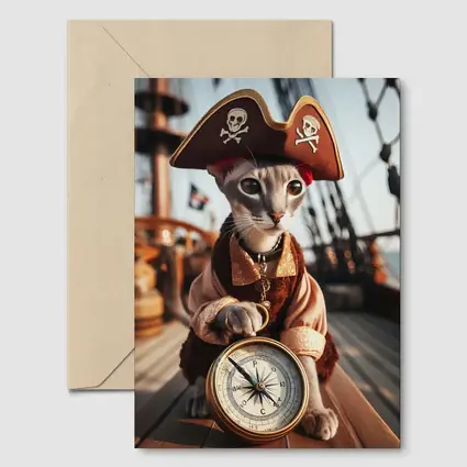 Pirate Cat With Compass On Ship