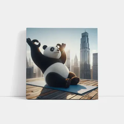 Panda Doing Yoga City Skyline Background
