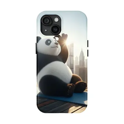 Panda Doing Yoga City Skyline Background