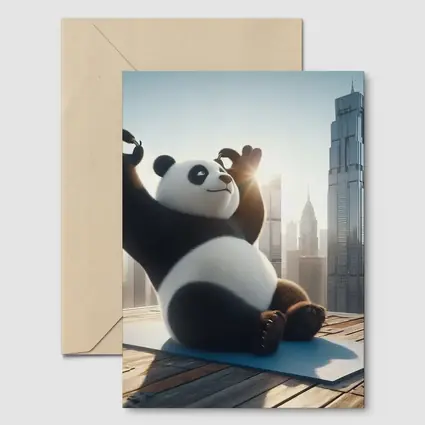 Panda Doing Yoga City Skyline Background