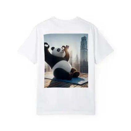Panda Doing Yoga City Skyline Background