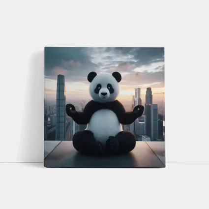Panda Meditating Above City Skyline Sunset