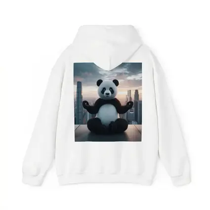 Panda Meditating Above City Skyline Sunset