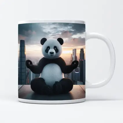 Panda Meditating Above City Skyline Sunset