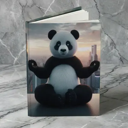 Panda Meditating Above City Skyline Sunset