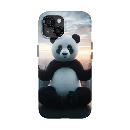 Panda Meditating Above City Skyline Sunset