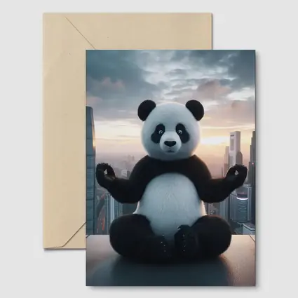 Panda Meditating Above City Skyline Sunset