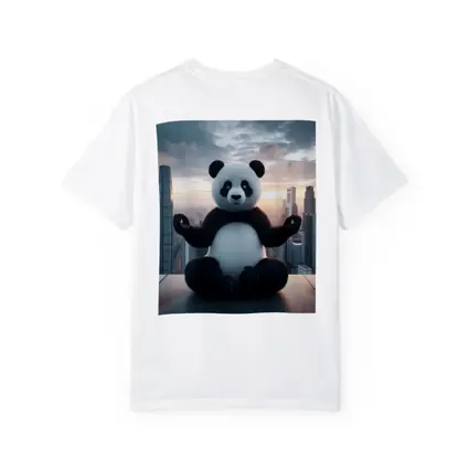 Panda Meditating Above City Skyline Sunset