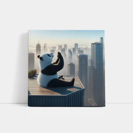 Panda Meditating on Rooftop City Skyline