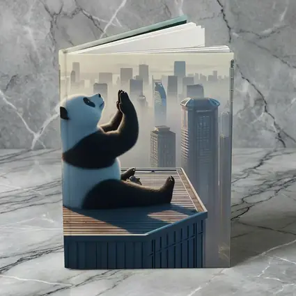 Panda Meditating on Rooftop City Skyline