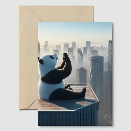 Panda Meditating on Rooftop City Skyline