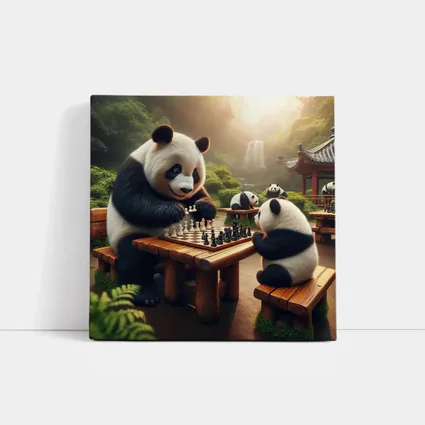 Pandas Playing Chess in Forest Garden