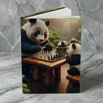 Pandas Playing Chess in Forest Garden