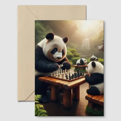 Pandas Playing Chess in Forest Garden