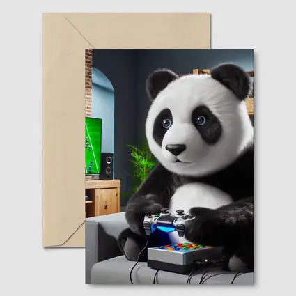 Panda Playing Video Games on Couch