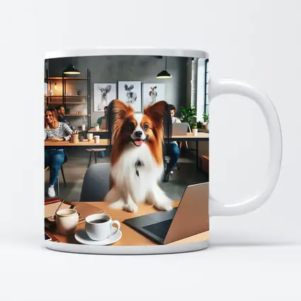 Papillon Dog Sitting at Office Desk