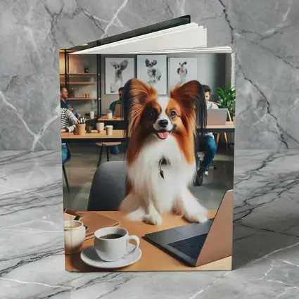 Papillon Dog Sitting at Office Desk