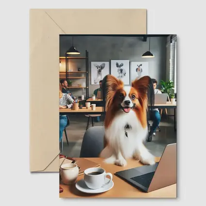 Papillon Dog Sitting at Office Desk