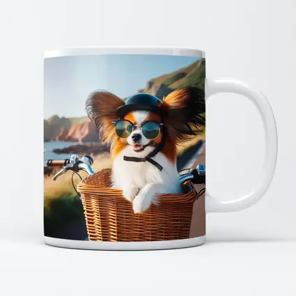Papillon Dog Sunglasses Bicycle Basket Coastal Road