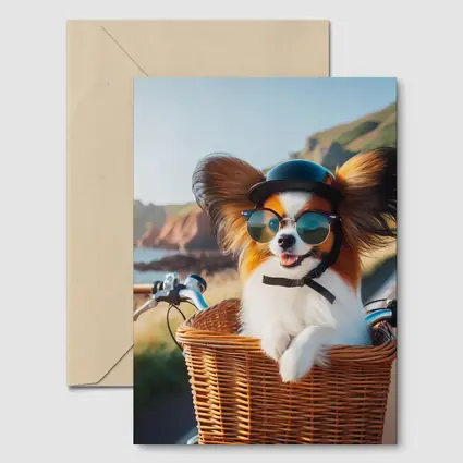 Papillon Dog Sunglasses Bicycle Basket Coastal Road