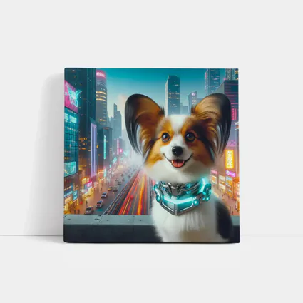 Papillon Dog Cyberpunk Neon City Background
