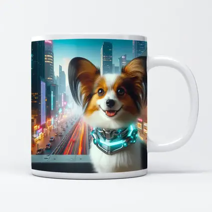 Papillon Dog Cyberpunk Neon City Background