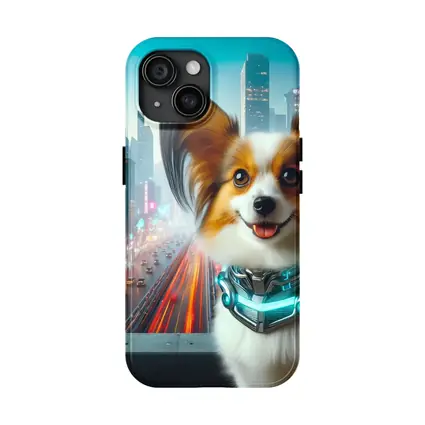 Papillon Dog Cyberpunk Neon City Background