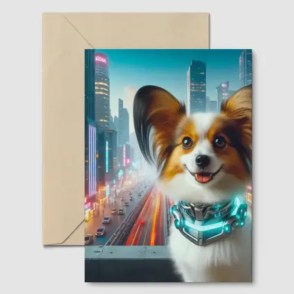 Papillon Dog Cyberpunk Neon City Background