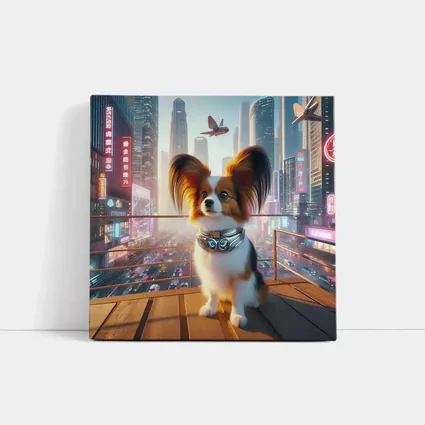 Papillon Dog Futuristic Neon City Skyline