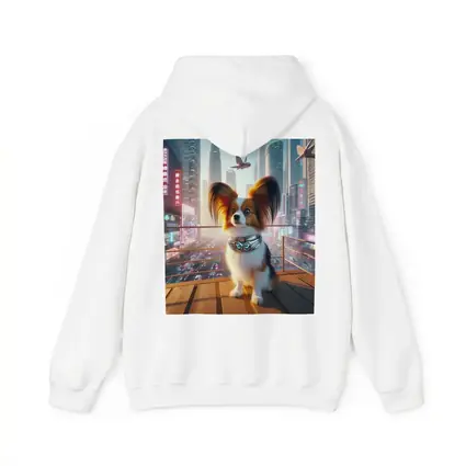 Papillon Dog Futuristic Neon City Skyline