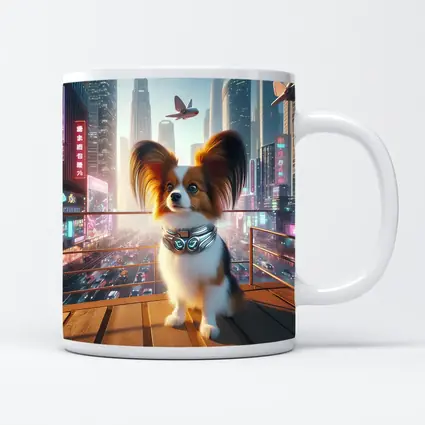 Papillon Dog Futuristic Neon City Skyline