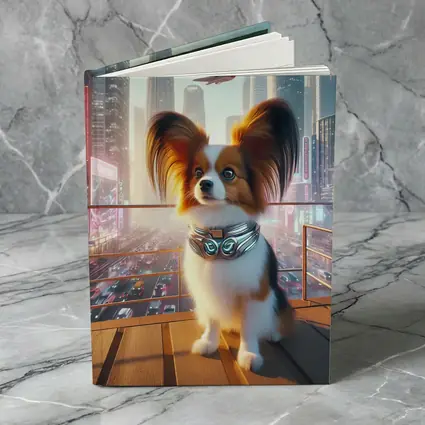 Papillon Dog Futuristic Neon City Skyline