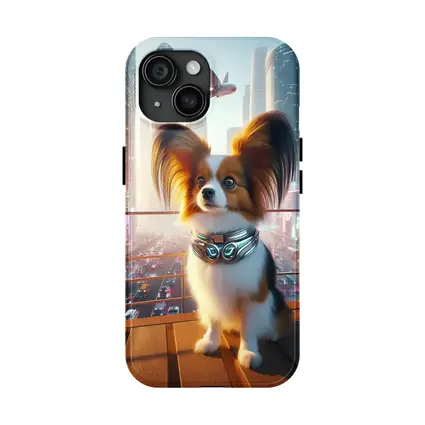 Papillon Dog Futuristic Neon City Skyline
