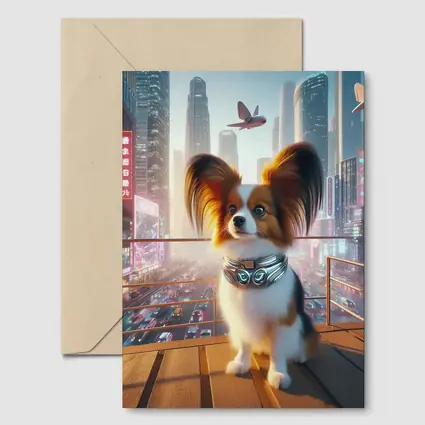 Papillon Dog Futuristic Neon City Skyline