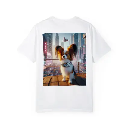 Papillon Dog Futuristic Neon City Skyline