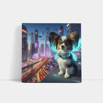 Papillon Puppy Neon Cyberpunk City Night