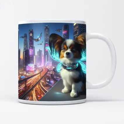 Papillon Puppy Neon Cyberpunk City Night