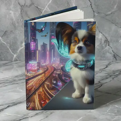 Papillon Puppy Neon Cyberpunk City Night