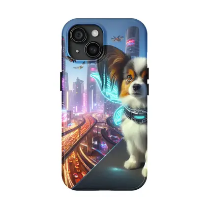 Papillon Puppy Neon Cyberpunk City Night