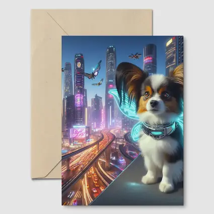 Papillon Puppy Neon Cyberpunk City Night