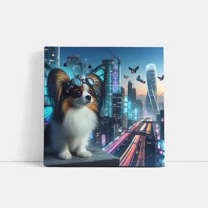 Papillon Dog Cyberpunk City Neon Night
