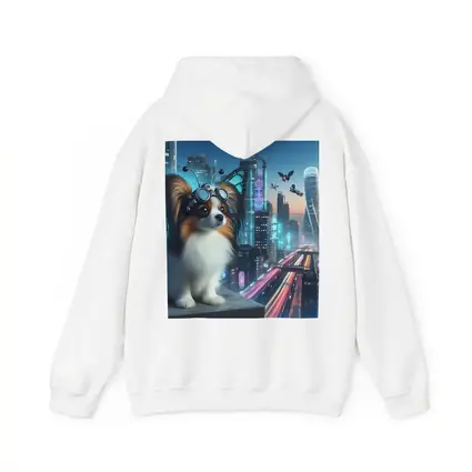 Papillon Dog Cyberpunk City Neon Night
