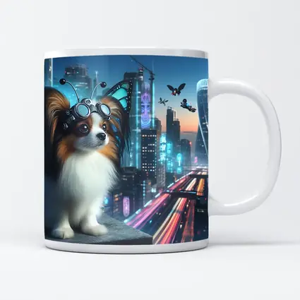 Papillon Dog Cyberpunk City Neon Night