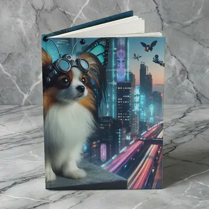 Papillon Dog Cyberpunk City Neon Night