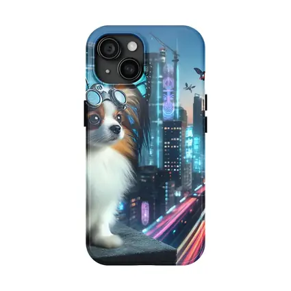 Papillon Dog Cyberpunk City Neon Night