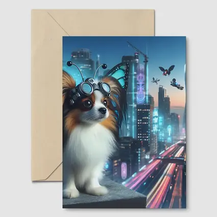 Papillon Dog Cyberpunk City Neon Night